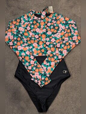 Womens Medium OP Ocean Pacific Long Sleeve Swimsuit Cut-Out Zip Flowers Floral